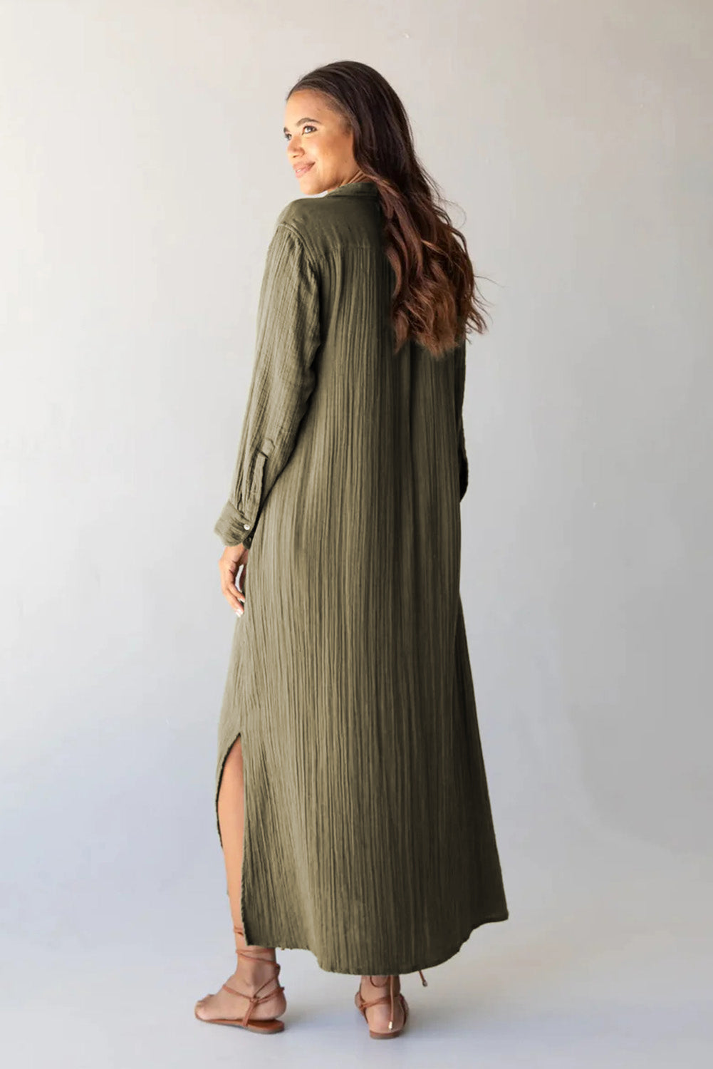 Green Crinkled Pocketed Side Slits Loose Maxi Dress - Eloy Royal