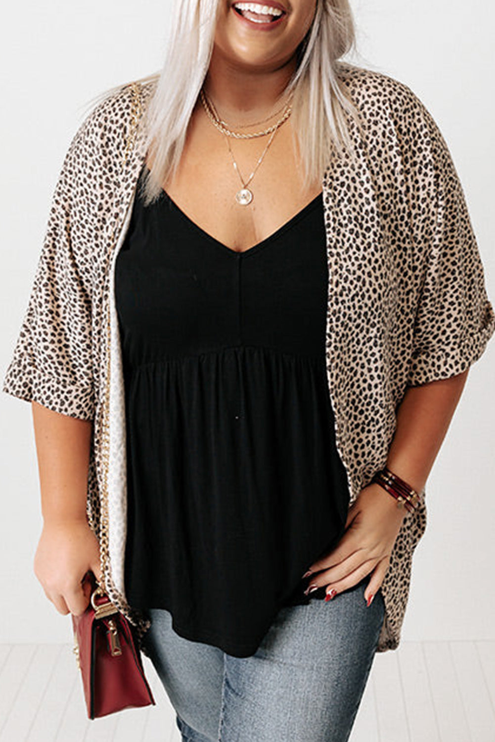 Khaki Plus Size Leopard Print Half Sleeve Open Front Cardigan - Eloy Royal