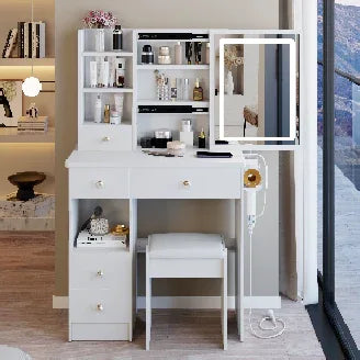 29.2' Small Size Left Drawer Desktop Vanity Table + Cushioned Stool, 2 AC+2 USB Power Station, Hair dryer bracket, Extra Large Touch Control Sliding LED Mirror, Tri-color Switching, Brightness Adjust - Eloy Royal