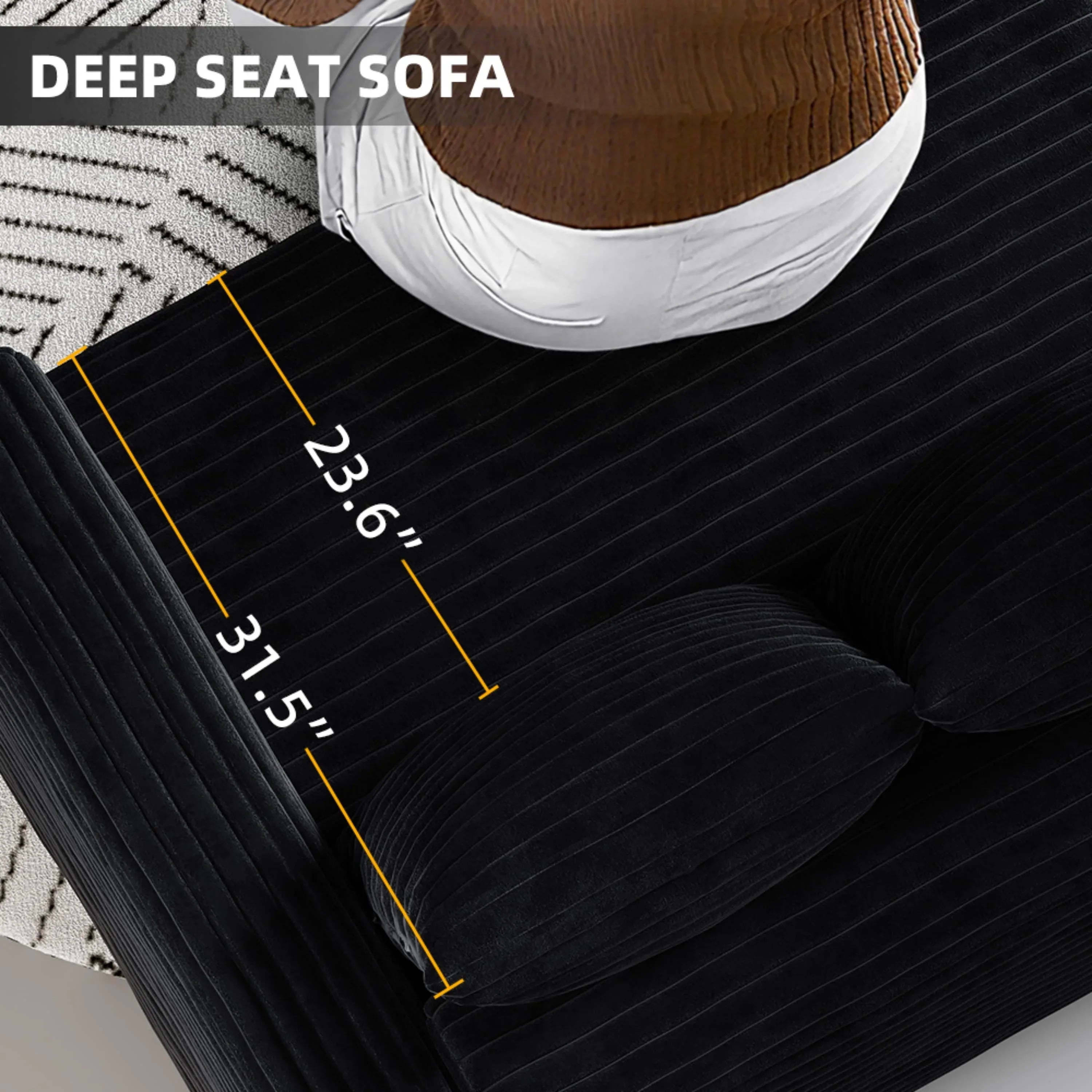 82.7 'Plush Corduroy 3-Seat Sofa,Modern Comfy Upholstered Sofa Cloud Couch,Deep Seat Couches with Soft Pillows and 3 Ottomans,Convertible Sofa Lounge Chair,Black - Eloy Royal