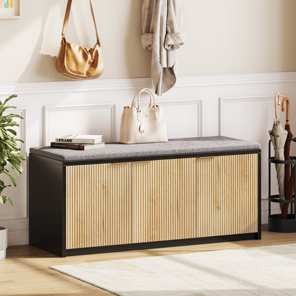 Vividwood 2-Tier Shoe Storage Bench with 3 Doors & Adjustable Shelf, Removable Padded Seat Cushion, 41.3' Entryway Bench for Living Room, Bedroom, Hallway – Wood Grain & Black Modern Farmhouse Design