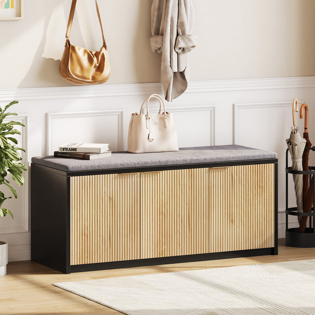 Vividwood 2-Tier Shoe Storage Bench with 3 Doors & Adjustable Shelf, Removable Padded Seat Cushion, 41.3' Entryway Bench for Living Room, Bedroom, Hallway – Wood Grain & Black Modern Farmhouse Design