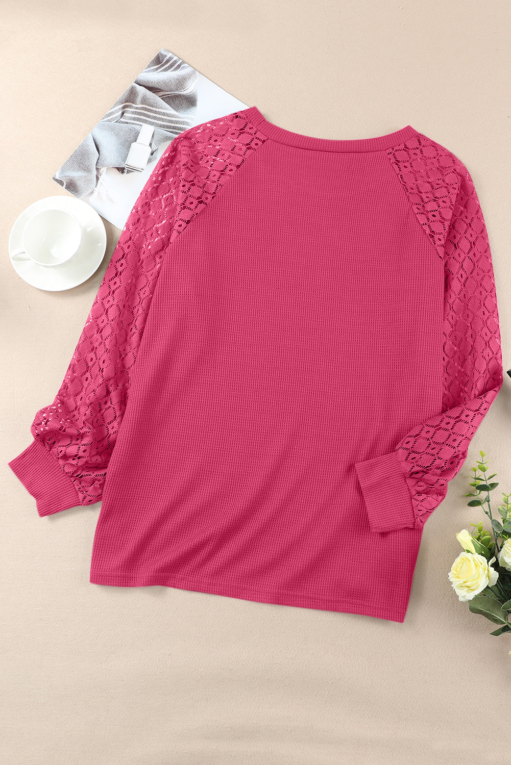 Strawberry Pink Plus Size Contrast Lace Sleeve Waffle Knit Top - Eloy Royal