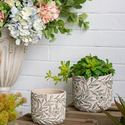 S/2 Gray Sand and Cement Planters with Etched Green Floral Motif, L:D6.7x6.3' S:D5.5x5'