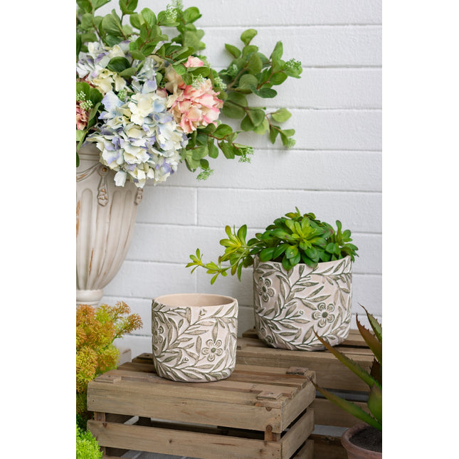 S/2 Gray Sand and Cement Planters with Etched Green Floral Motif, L:D6.7x6.3' S:D5.5x5'