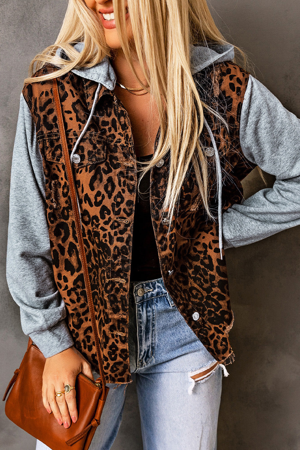 Wholesale Cheetah Patchwork Ripped Raw Hem Jacket - Eloy Royal