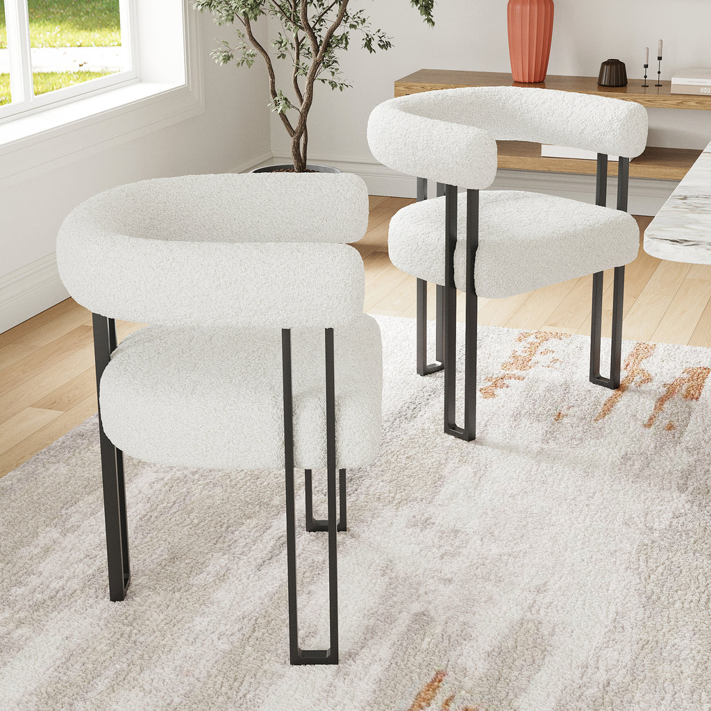 Set of 2 Upholstered Dining Arm Chairs, Bouclé Fabric Accent Chairs with Metal Frame, Modern Armchairs with Cushioned Seat & Back, Stain-Resistant, Living Room & Dining Room