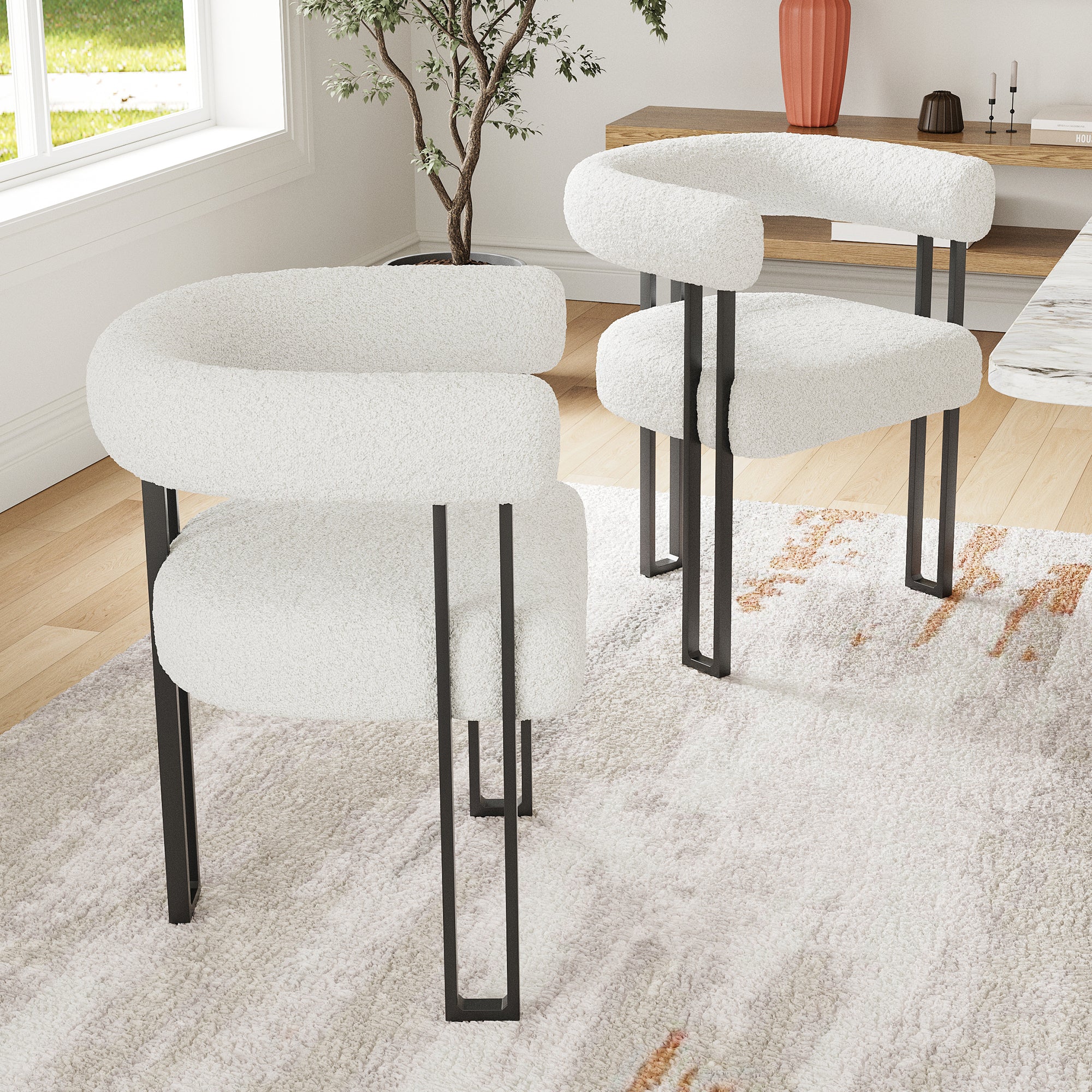 Set of 2 Upholstered Dining Arm Chairs, Bouclé Fabric Accent Chairs with Metal Frame, Modern Armchairs with Cushioned Seat & Back, Stain-Resistant, Living Room & Dining Room