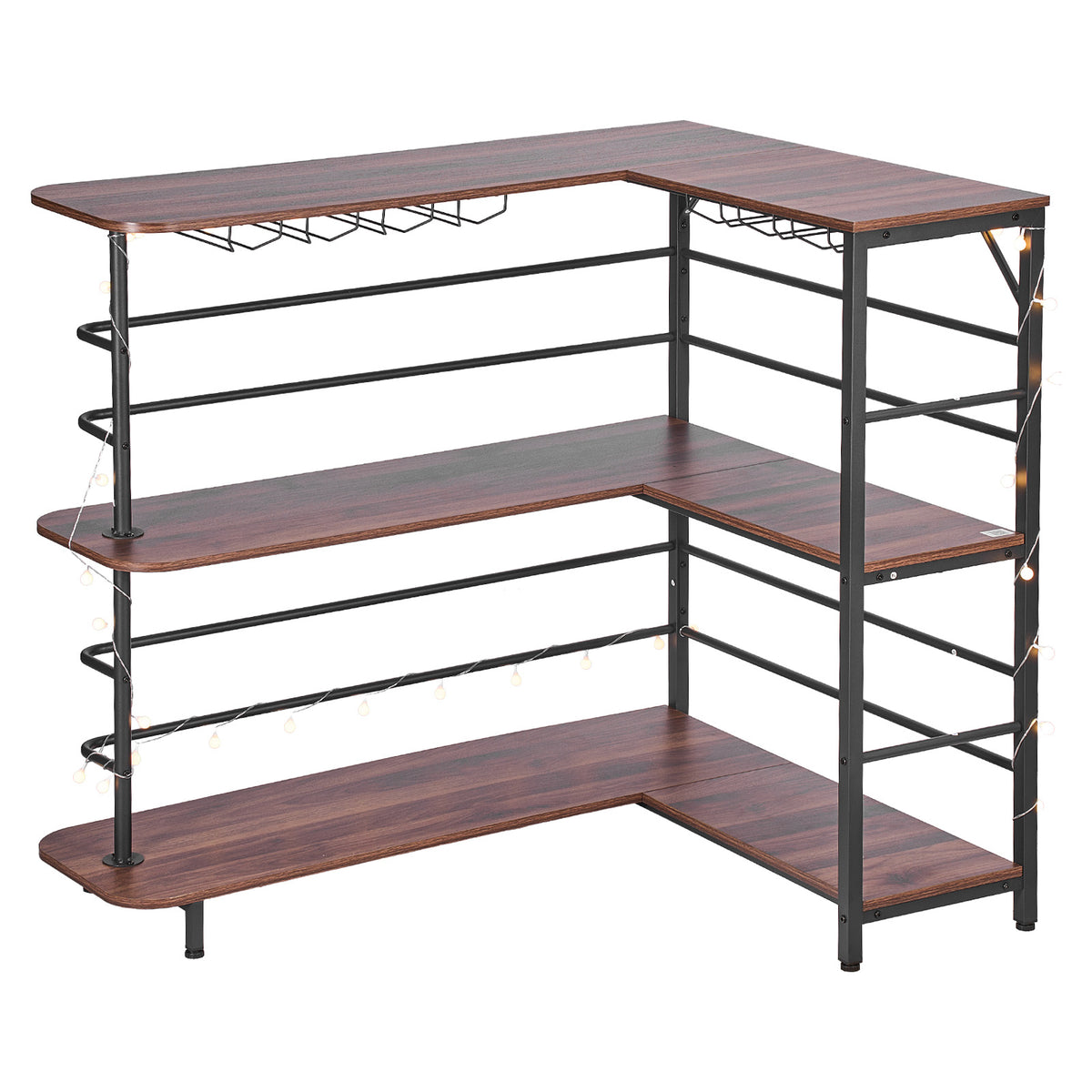 Home Bar Unit, L-Shaped Wine Bar Cabinet Table 3-Tier with Storage Shelves, Adjustable Foot Pads, LED Light, Walnut Finish & Metal Frame Liquor Cabinet for Home, Kitchen,Living Room,Pub,Basement