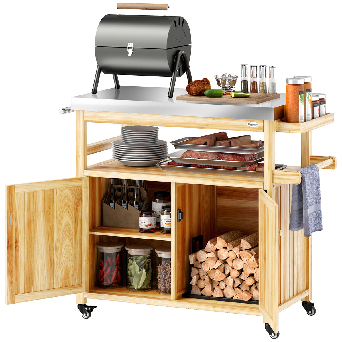 Outsunny Outdoor Grill Cart w/ Wheels and Storage Cabinets, Solid Wood Outdoor Kitchen Island w/ Stainless Steel Top, Integrated Hole, Natural Wood