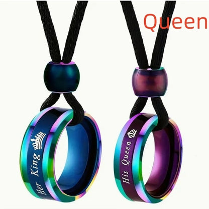 Creative Color Changing Round Beads Blue Purple Couple Couple Rings Necklace