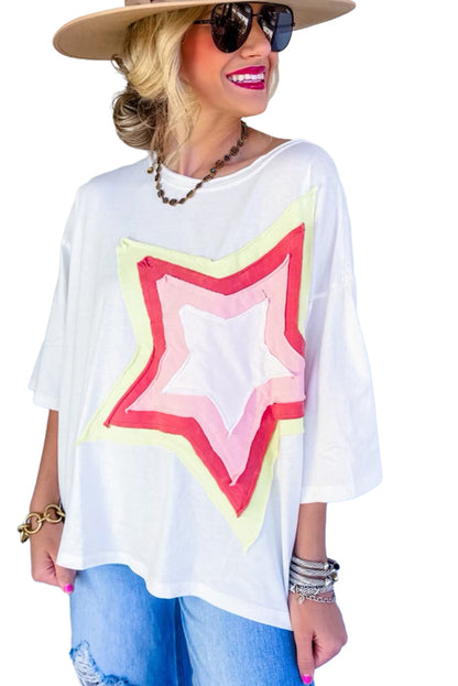 Light Pink Colorblock Star Patched Half Sleeve Oversized Tee - Eloy Royal