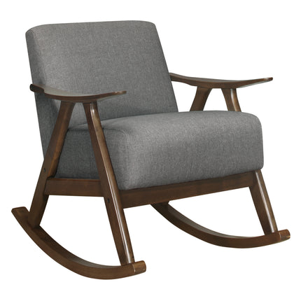Modern Home Furniture 1pc Rocking Chair Gray Fabric Upholstered Dark Walnut Finish Wood Cushion Seat and Back