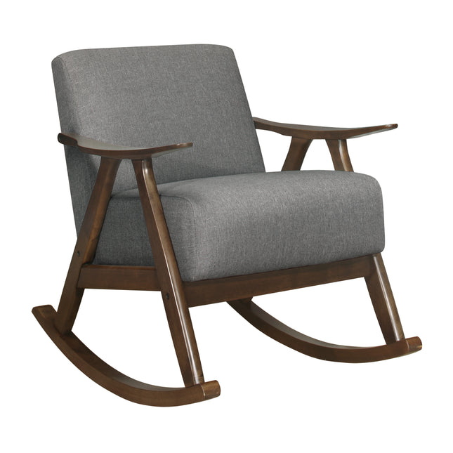 Modern Home Furniture 1pc Rocking Chair Gray Fabric Upholstered Dark Walnut Finish Wood Cushion Seat and Back