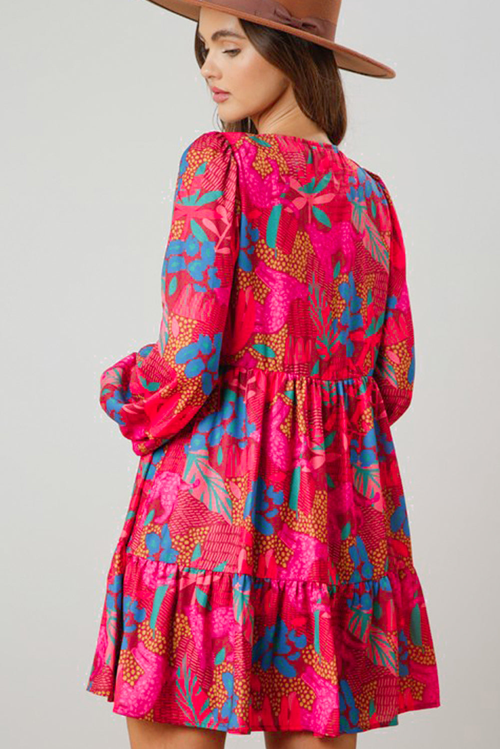 Rose V Neck Bubble Sleeve Boho Flower Flowy Dress - Eloy Royal