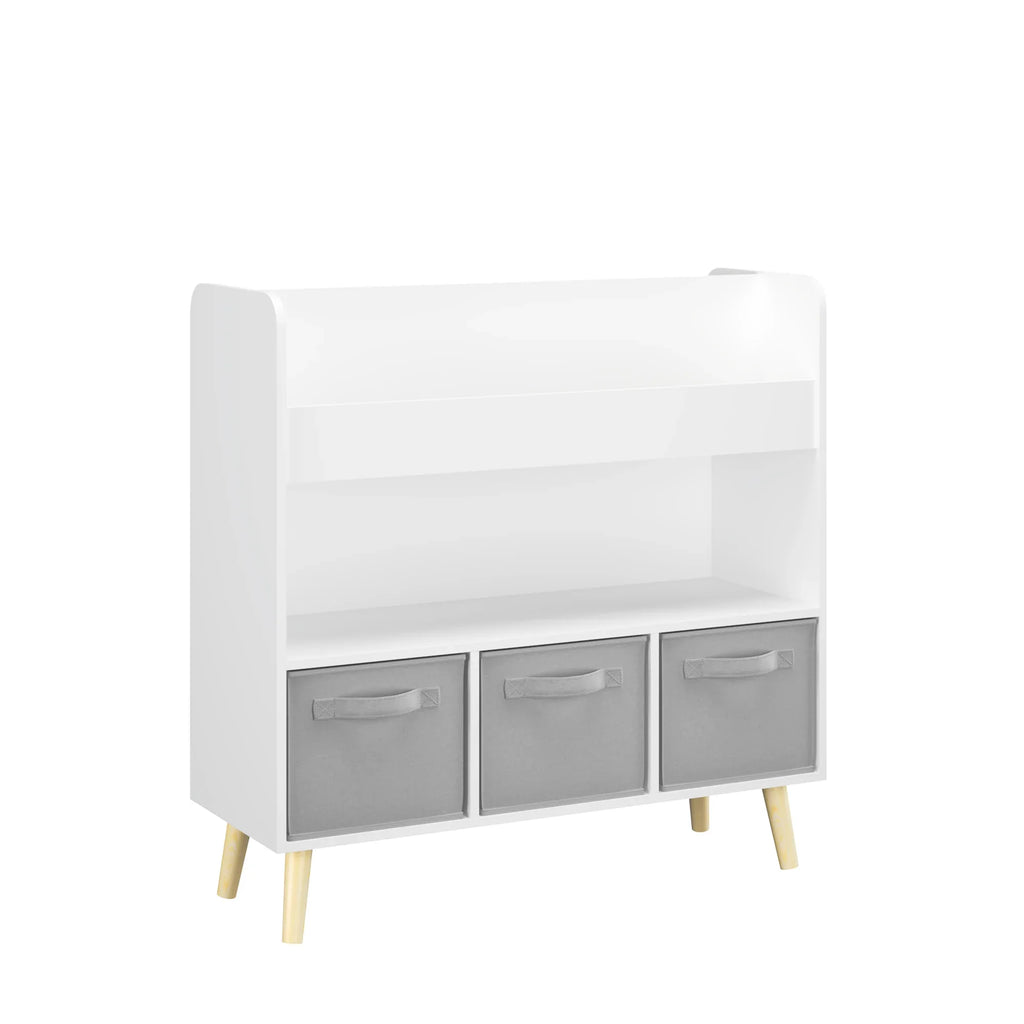 Modern Kids Bookshelf with 3 Fabric Bins, White and Gray Storage Shelf for Toys and Books, Ideal for Playroom, Bedroom, or Nursery - Eloy Royal