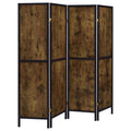Antique Nutmeg and Black 4-Panel Folding Screen with Rustic Industrial Style, Brown Wood Finish, Pine and MDF Construction