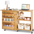 Folding Sewing Table, Multipurpose Sewing Machine Table with Compact Design, Wheels, Shelves, Storage Trays, Wooden Pegs, and Magnetic Doors, Sewing Desk Cabinet for Sewing Machine, Wood Color