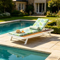 White Iron + Teak Finish Outdoor Chaise Lounge Set with Leaf Coconut Cushion, 2' Thick 2-Fold Water-Resistant Cushion, Adjustable Backrest with Flat Storage Surface for Patio Poolside Backyard
