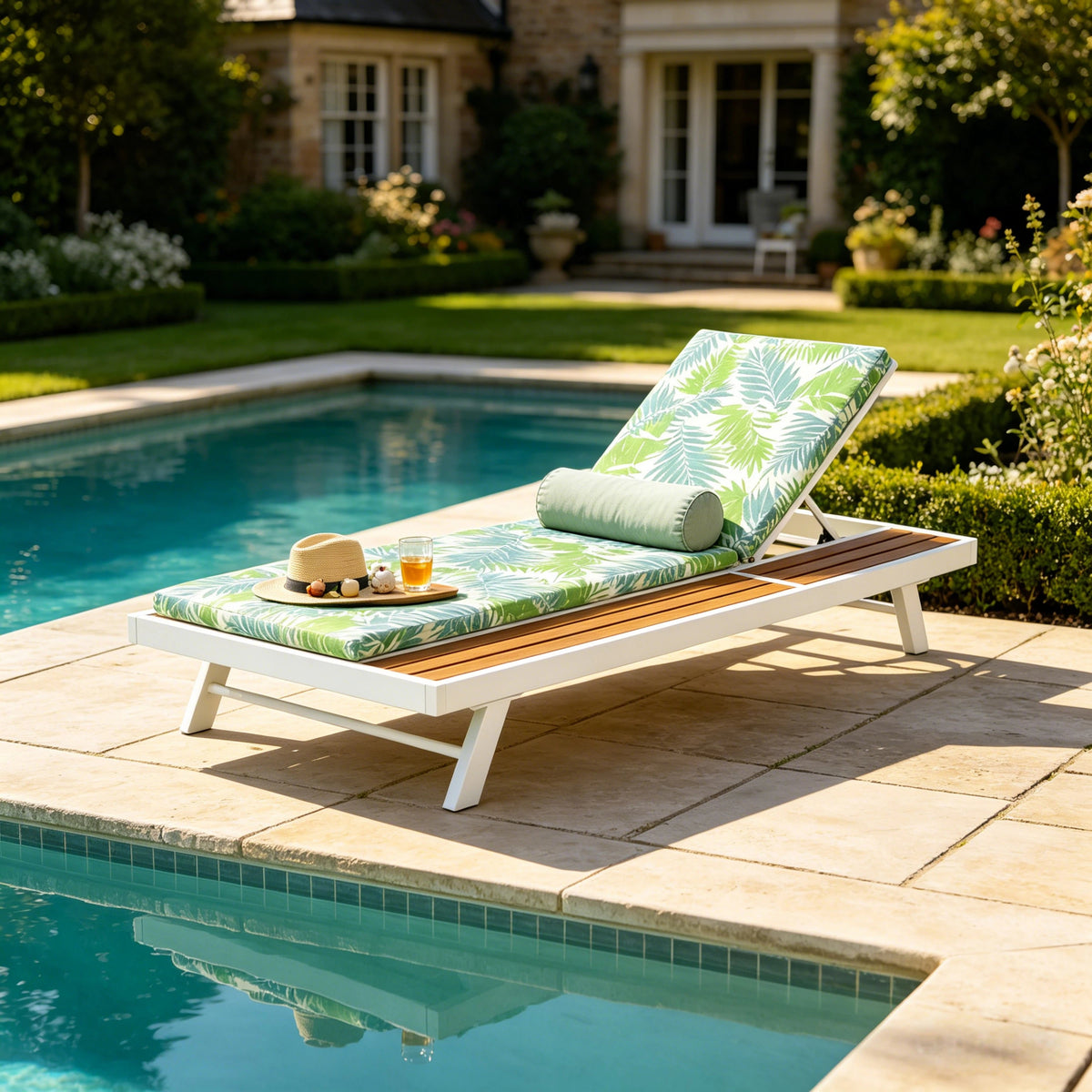 White Iron + Teak Finish Outdoor Chaise Lounge Set with Leaf Coconut Cushion, 2' Thick 2-Fold Water-Resistant Cushion, Adjustable Backrest with Flat Storage Surface for Patio Poolside Backyard