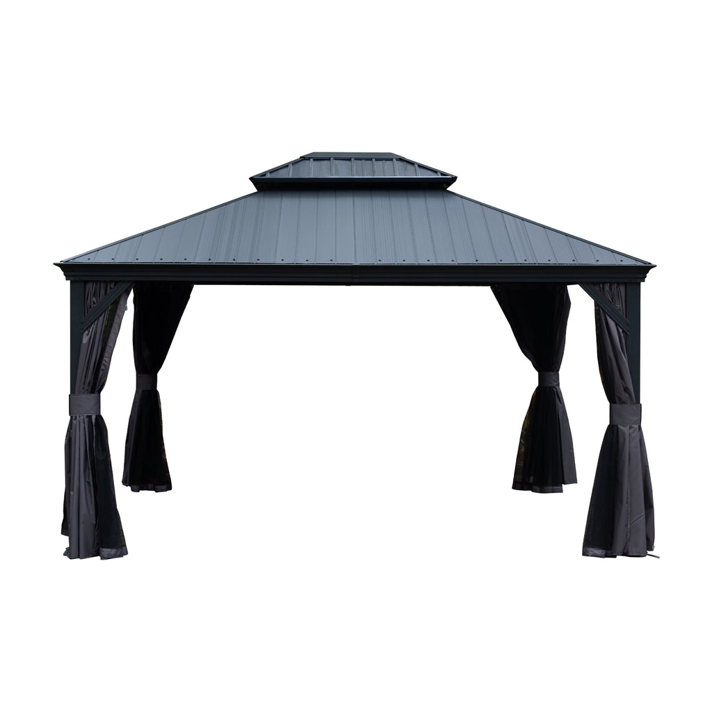 10'x12' Hardtop Gazebo with Resin Roof, Outdoor Metal Gazebo with Drainage Gutters, Permanent Heavy Duty Pavilion for Patio, Backyard and Deck, Curtains and Mosquito Netting Included