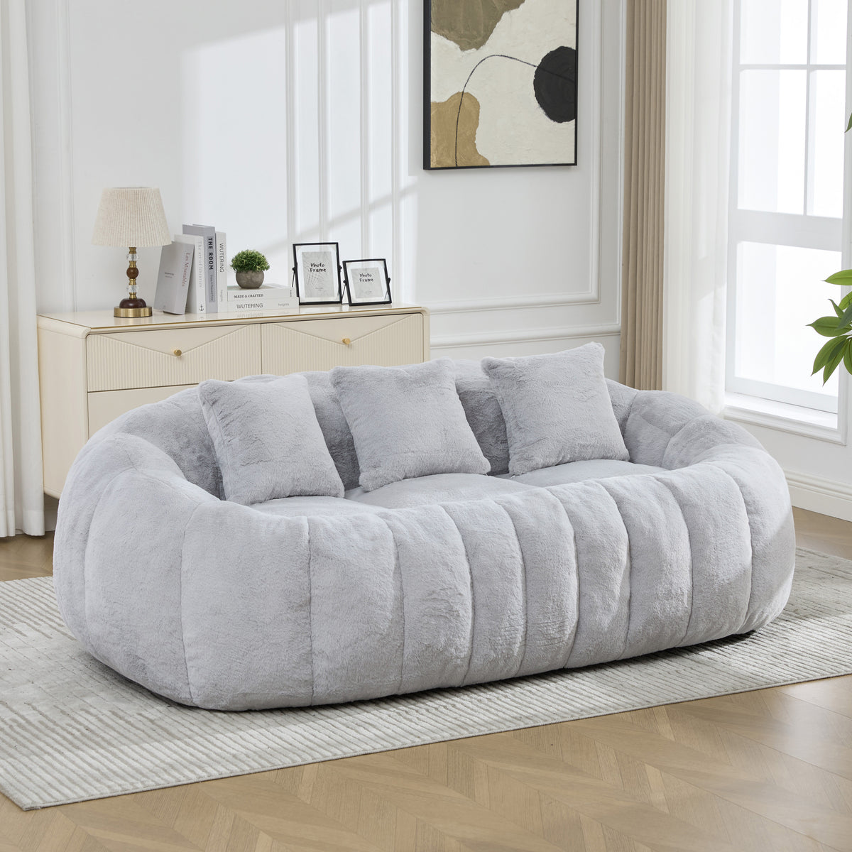 74.8' W Floral Shaped Boneless Loveseat Sofa, Ultra Soft Faux Fur Cloud Couch No Assembly Required, Oversized Deep Seat Compressed Foam Sofa for Living Room, Bedroom, Apartment, Lounge Area.Gray
