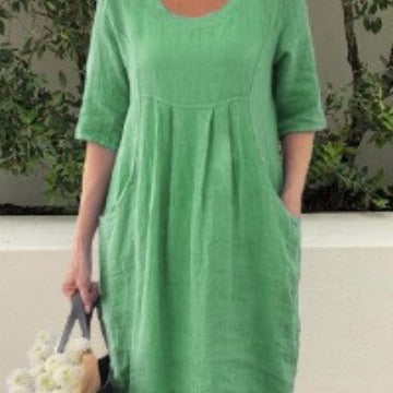 Women's Long Sleeve Round Neck Pocket Solid Color Dress