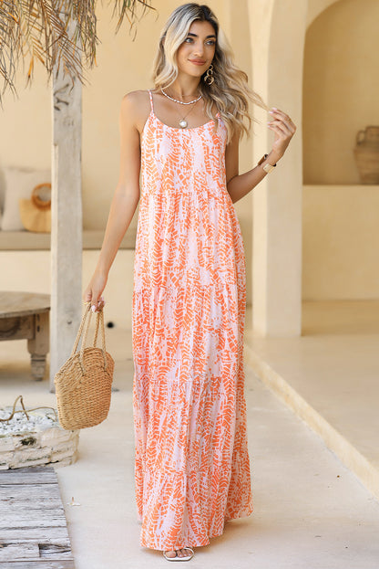 Orange Abstract Print Backless Tiered Maxi Dress - Eloy Royal