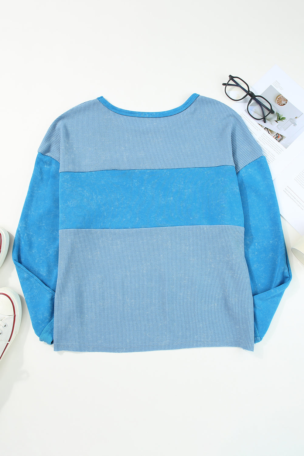 Wholesale Sky Blue Plus Size Waffle Knit and Washed Patchwork Drop Shoulder Top - Eloy Royal