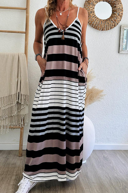 Multicolour Stripes Spaghetti Straps V Neck Maxi Dress - Eloy Royal