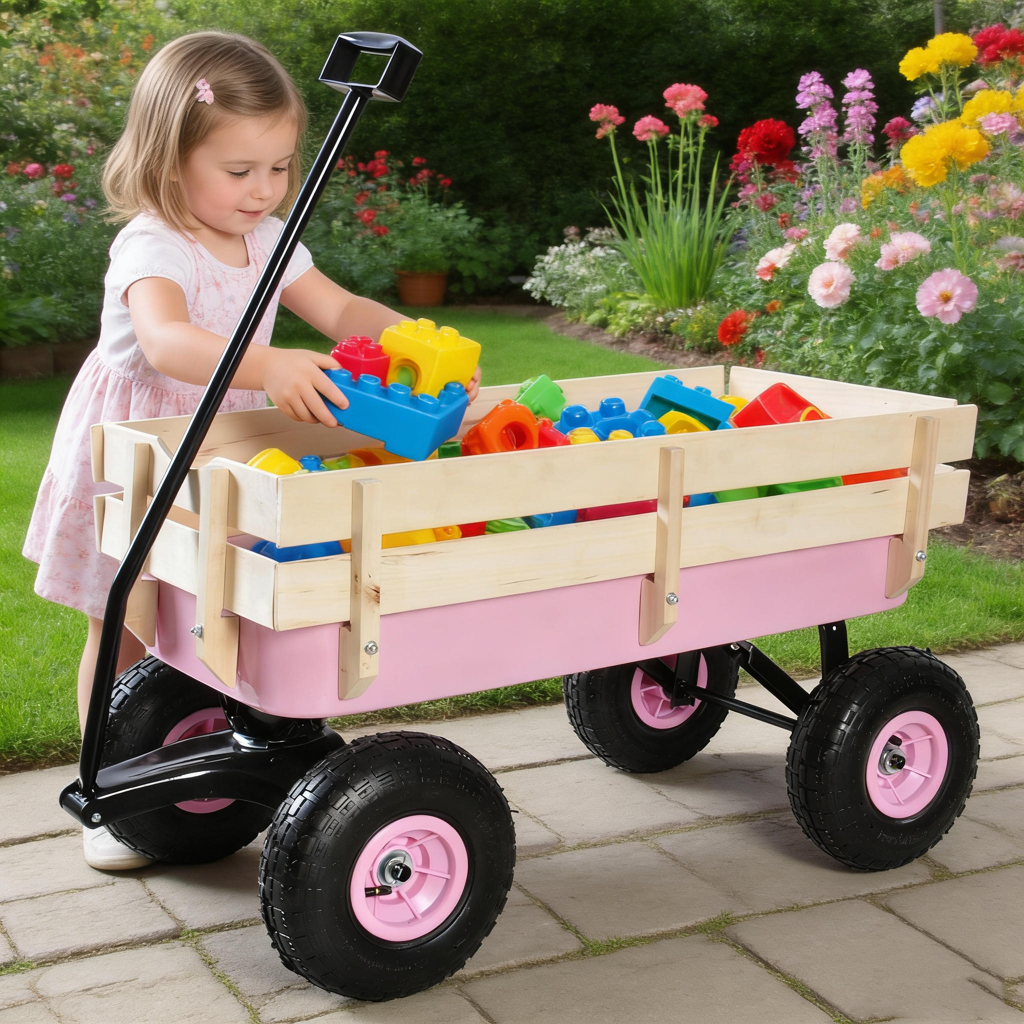 Outdoor Wagon All Terrain Pulling w/Wood Railing Air Tires Garden Cart