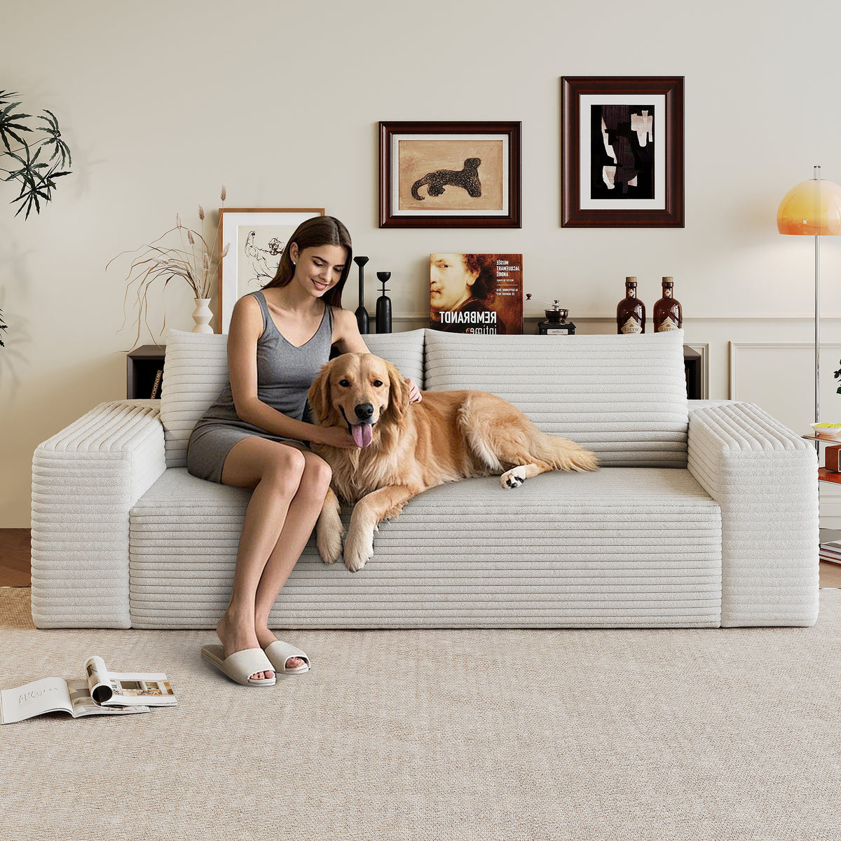 71' 3Setaser Sofa,Corduroy Fabric,Deep Seat Couches,Comfy Loveseat Sofa,No Assembly,1pcs for Living room, Bedroom,Conference room ,Apartment,White