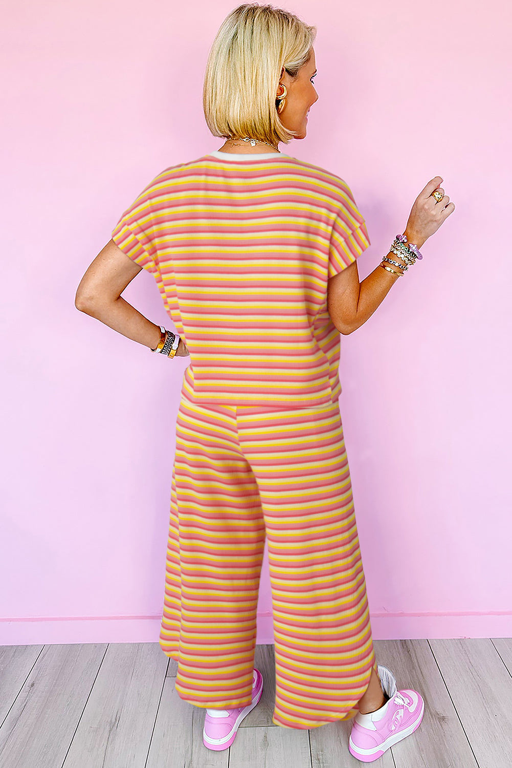 Pink Stripe Rainbow Tee and Tassel Drawstring Wide Leg Pants Set - Eloy Royal