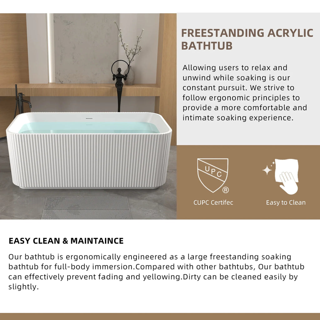 59'Rectangle Linear Acrylic Freestanding Bathtub Stand Alone Soaker Tub, Glossy White Acrylic, POP-UP Chrome Drain, cUPC Certified, - Eloy Royal