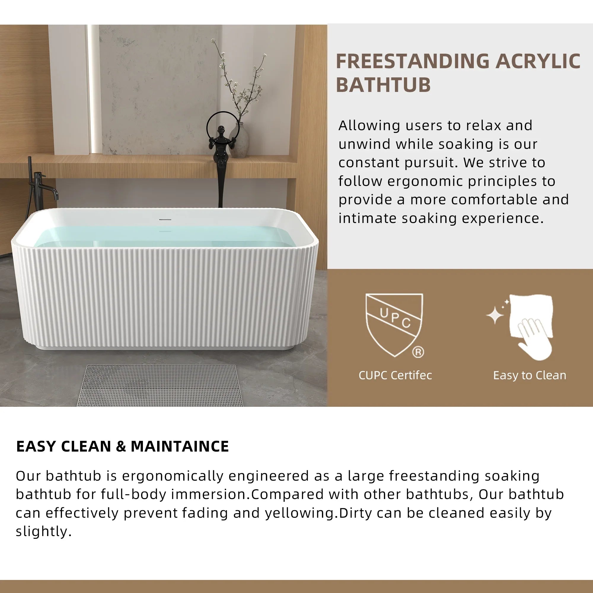 59'Rectangle Linear Acrylic Freestanding Bathtub Stand Alone Soaker Tub, Glossy White Acrylic, POP-UP Chrome Drain, cUPC Certified, - Eloy Royal