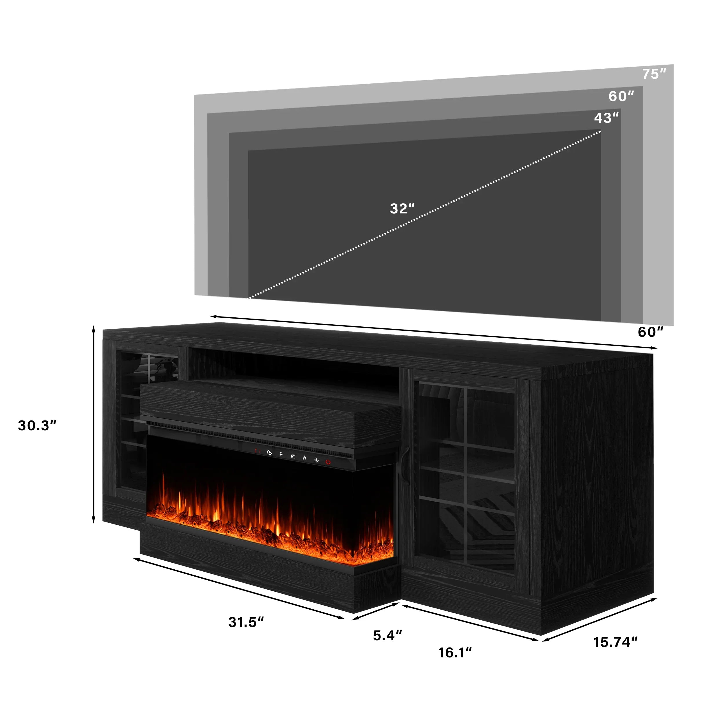 CharaVector 60 inch Fireplace TV Stand for TVs up to 75' with 30' 3-Sided Electric Fireplace, Farmhouse Entertainment Center with Glass Doors & Storage Cabinet, Black - Eloy Royal