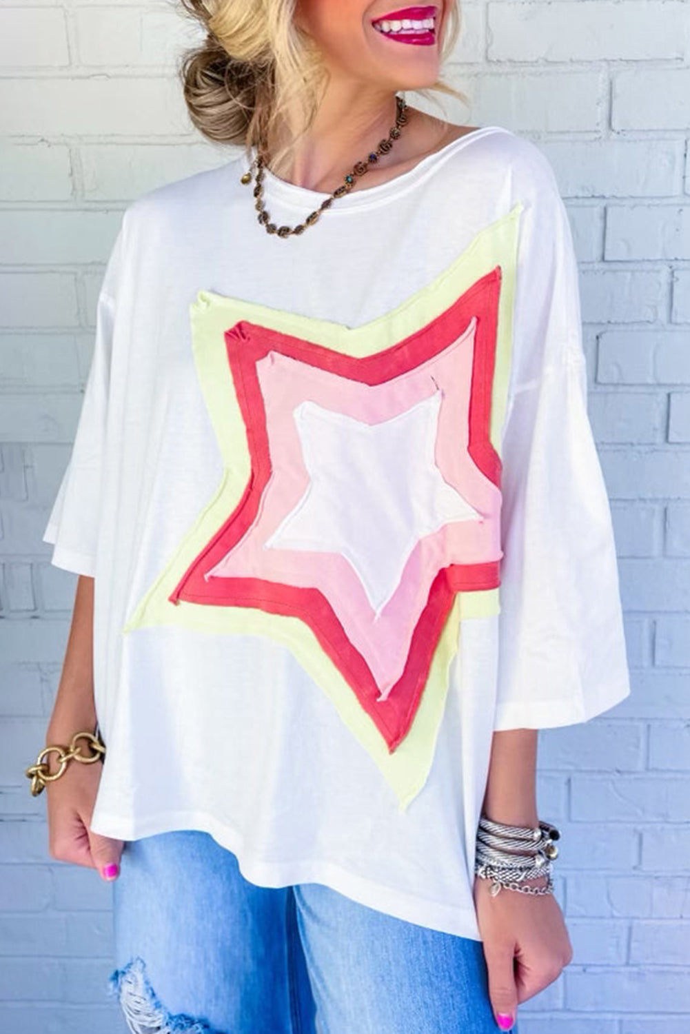 Light Pink Colorblock Star Patched Half Sleeve Oversized Tee - Eloy Royal