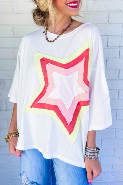 Light Pink Colorblock Star Patched Half Sleeve Oversized Tee - Eloy Royal