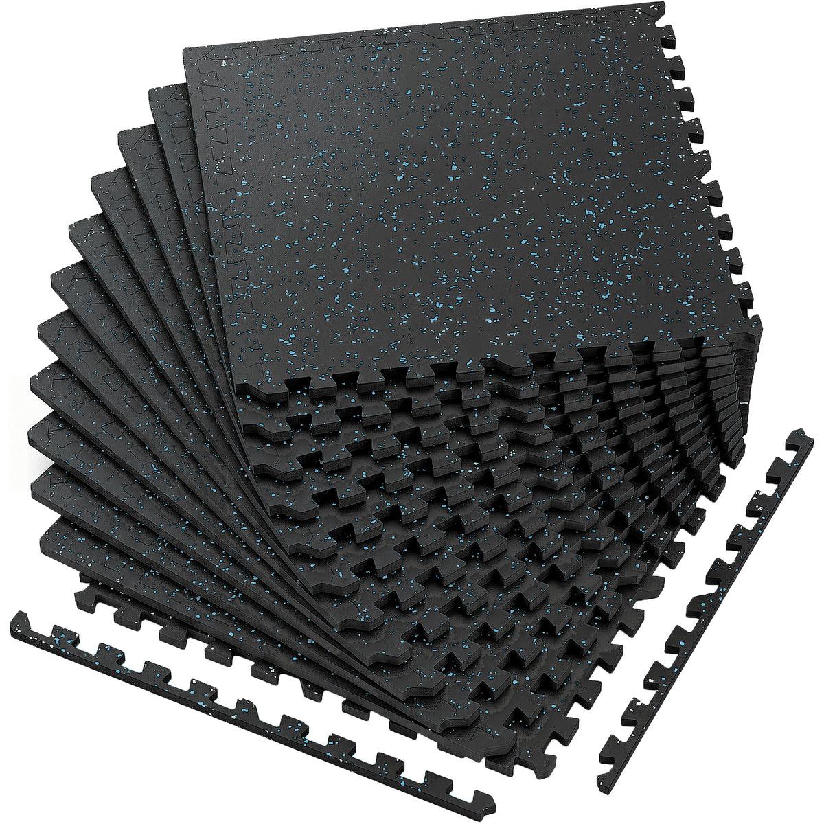0.6 Inch Thick Gym Floor Mats, 12 Tiles Rubber Top with EVA Foam, 24' x 24' Gym Flooring Workout Mats with 48sq.ft Coverage, Interlocking Puzzle Gym Mats for Gym, Home, Garage, Black & Blue