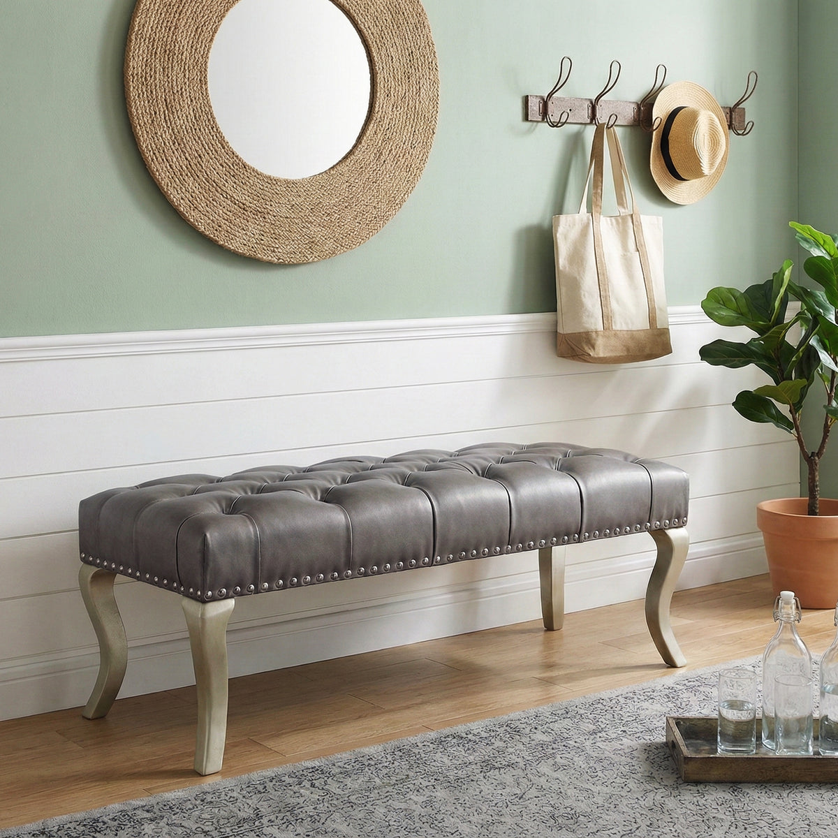 Decor Maxem Tufted FabricUpholstered Bench with Nailhead Trim