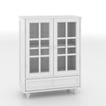 Minimalist White Buffet Cabinet with Double Glass Doors and Drawer, Modern Wooden Storage Sideboard Cupboard for Living room, Dining Room Hallway Entryway