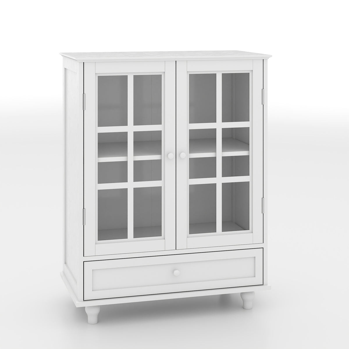Minimalist White Buffet Cabinet with Double Glass Doors and Drawer, Modern Wooden Storage Sideboard Cupboard for Living room, Dining Room Hallway Entryway