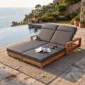 Double Acacia Wood Chaise Lounge Set, 1 Double Recliner with 2 Pieces 4-Fold Dark Grey Cushions with Headrest, 4-Position Adjustable Backrests, 800 LBS Capacity for Patio Pool Backyard