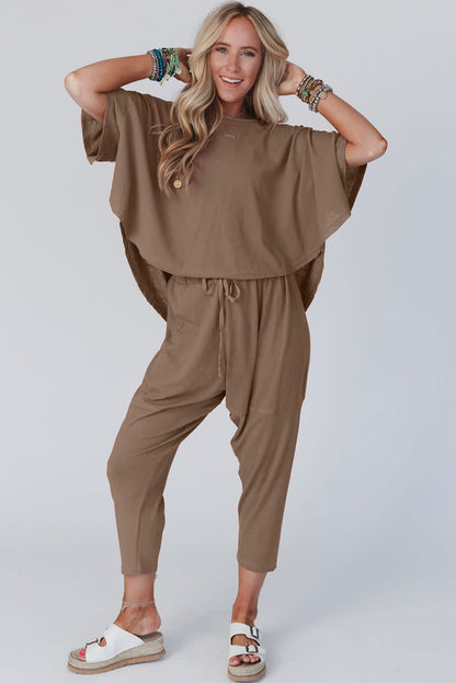 Taupe Batwing Sleeve High Low Tee and Drawstring Crop Pants Set - Eloy Royal