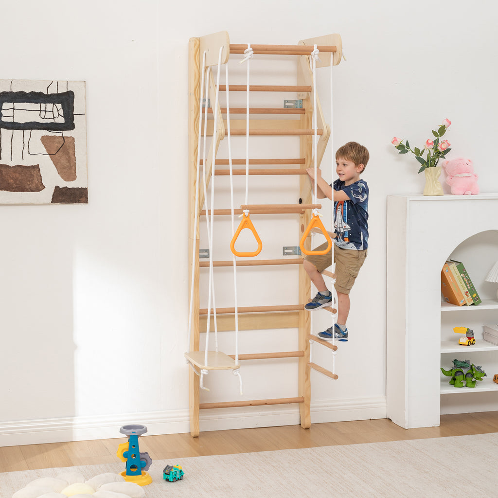 6-in-1 Swedish Ladder Wall Gym, Indoor Kids Playground with Swing, Rope Ladder, Pull-Up Bar, Slide, Gymnastic Rings, Wooden Wall Mounted Indoor Play Set for Kids & Adults