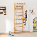 6-in-1 Swedish Ladder Wall Gym, Indoor Kids Playground with Swing, Rope Ladder, Pull-Up Bar, Slide, Gymnastic Rings, Wooden Wall Mounted Indoor Play Set for Kids & Adults