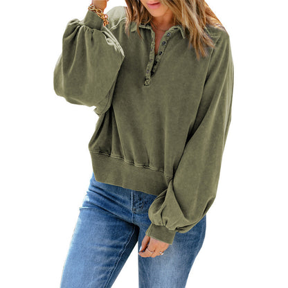 Ladies Loose V-Neck Button Solid Color Sweatshirt