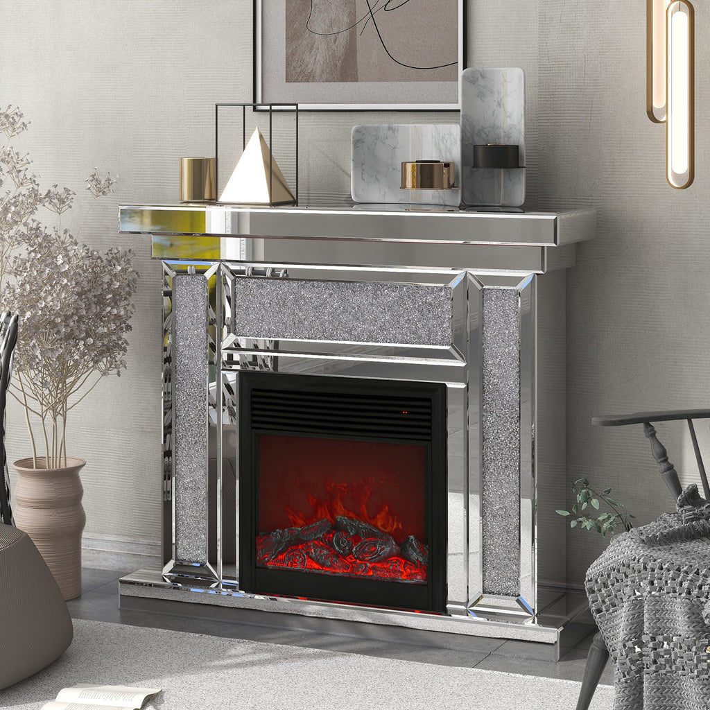 W 46 inch  X D 12.6 inch X H 41.7 inch  Acrylic diamond mirror mantelpiece, separate mantelpiece  Built-in filling: acrylic high imitation drill, 1500 W 7-color flame electric heate