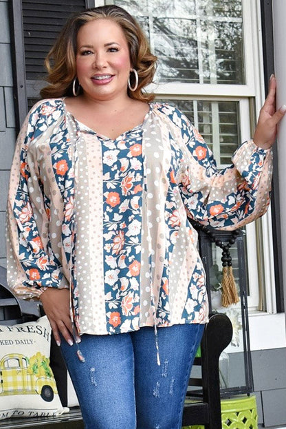 Multicolor Plus Size Mixed Print Split Neck Blouse - Eloy Royal