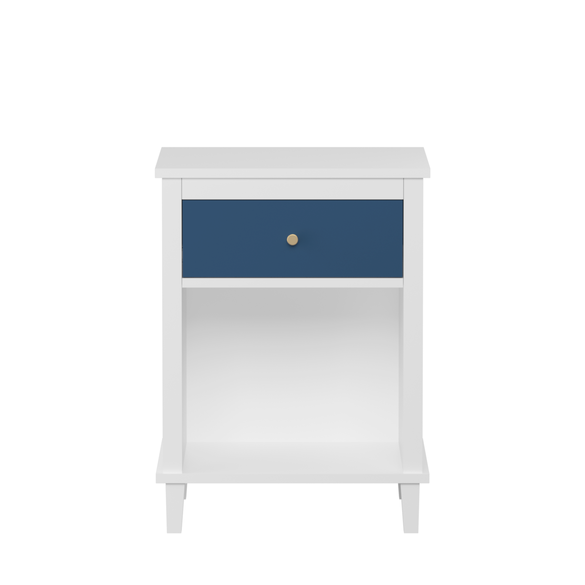 Navy+Golden Handle Wooden Nightstand with One Drawer One Shelf for Kids and Adults, White+Navy Finish, MDF Material, 26.77''H